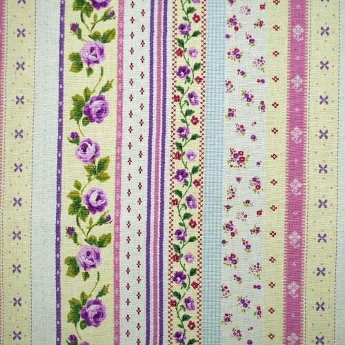 1 yard Cotton Linen Fabric for sewing pathwork, bedding, hadmaking, Stripe and Rose (purple) (width=140cm)