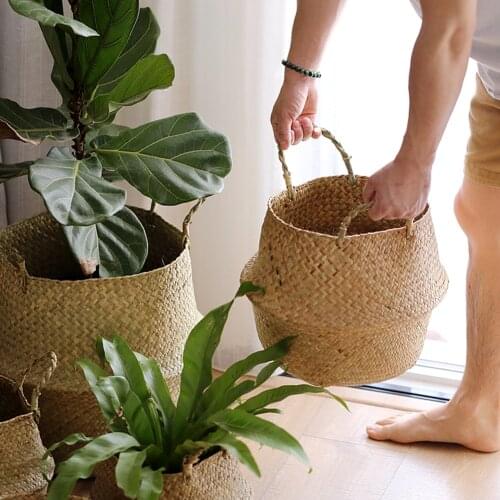 3PCS New Bamboo Storage Baskets Foldable Laundry Straw Patchwork Wicker Rattan Seagrass Belly Garden Flower Pot Planter Baskets