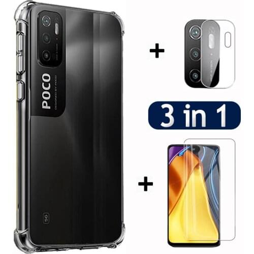3 in 1 Case + Lens Film + Screen Glass For Xiaomi poco M3 Pro Protective Cover For Xiomi Xiami Pocophone M3 Pro Tempered Glass