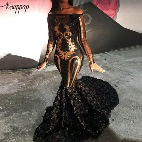 Black Mermaid Long Prom Dresses 2020 Sexy Sheer Long Sleeve Boat Neck Golden Sequin African Black Girl Prom Dress For Party
