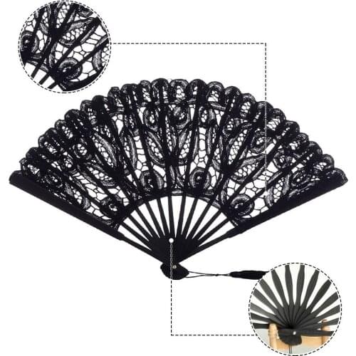 Chinese Style Decorative Bamboo Fans Lace Fabric Silk Folding Hand Held Dance Fans Flower Party Wedding Prom