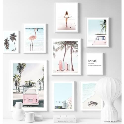 Girl Coconut Tree Van surfboard Flamingo Wall Art Canvas Painting Nordic Posters And Prints Wall Pictures For Living Room Decor