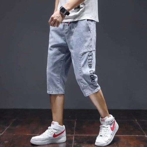 Denim Shorts Mens Summer Thin Casual Elastic Waist Calf-Length Pants Harlan Korean Wear Holes Jeans Denim Pant Spliced Trousers