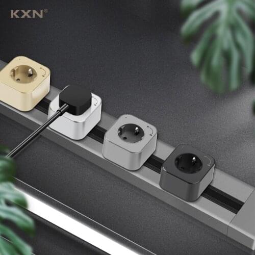 KXN Electrical Socket Surface Power Track Tabletop Removable Wall Mounted Outlet with EU UK US Multiple Adapters Plug