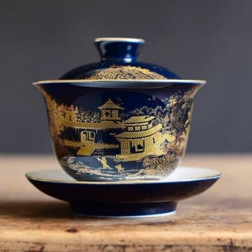 Blue sketch gaiwan porcelain blue glaze China cup bowl saucer Chinese tureen ceramic kungfu tea set tea bowls lid on sales