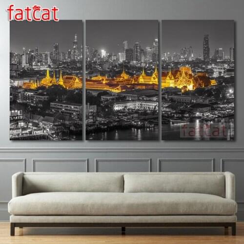 FATCAT Golden house night landscape Large triptych 5D Diy Diamond Painting full Drill mosaic diamond Embroidery Sale AE2747
