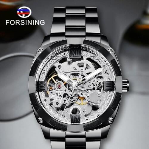 FORSINING Mechanical Hand Wind Men Wristwatch Military Sport Male Clock Top Fashion Stainless Steel Skeleton Man Watches