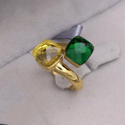 JSBAO New Arrivals Double Glass Stone Stainless Steel Gold Fashion Ring Women Yellow Deep Green Color Ring For Women Jewelry