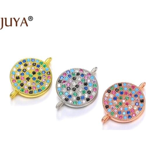 Juya New Copper inlaid Color Zircon Rhinestone Round Charm Connectors for Jewelry Making Bracelet Accessories DIY Handmade