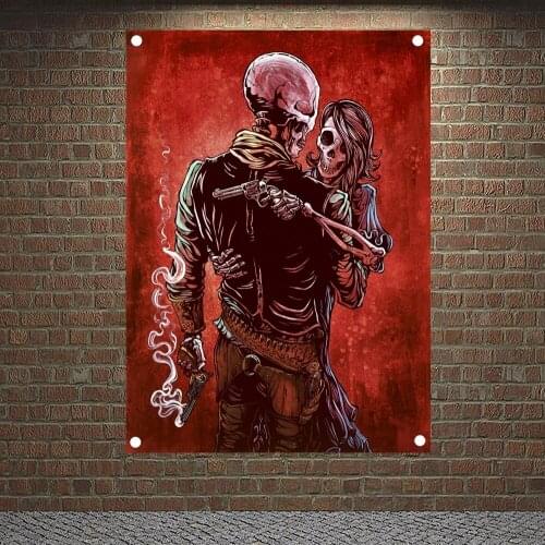 Cowboy Gunner skull Art Posters Wall Sticker Canvas Painting Skeleton Couple Tattoo Banners Flags Flip Chart Home Decoration