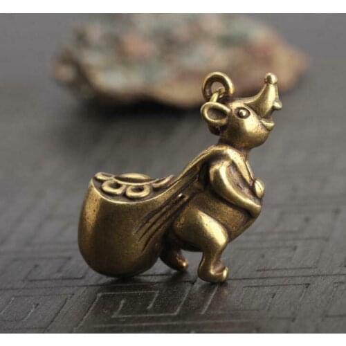 1.3"Curio Chinese Bronze Wealth Zodiac Animal Lucky Mouse Moneybag Small Pendant