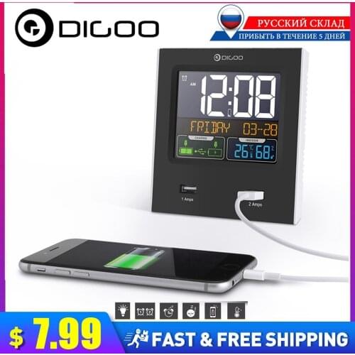 Digoo DG-C15 Weather Station 12hr/24hr Digital Alarms Clock with Snooze Calendar +2 USB Port LED Backlight Temperature Humidity