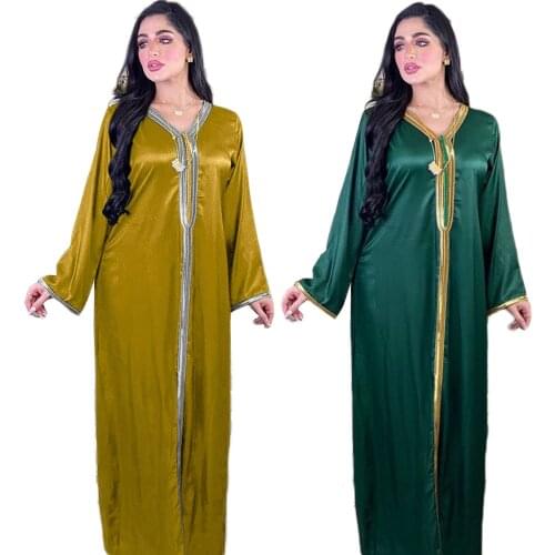 Muslim Abaya Arab Satin Long Dress Casual V-neck Turkish Patchwork Long Sleeve Spring Fall Maxi Robe Dresses Middle East Fashion