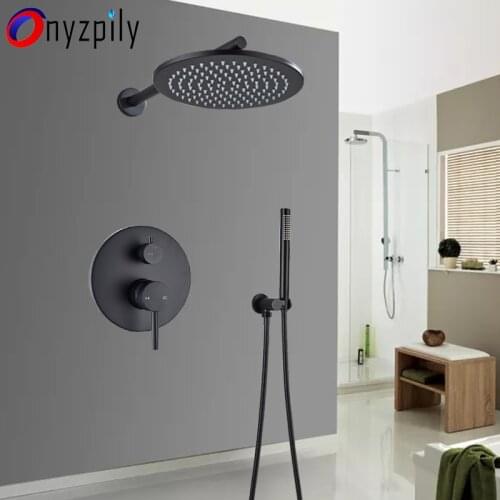 Black Round Shower Faucets Set 8" 10"12"Brass Rainfall Shower Head Single Handle Mixer Tap Bathroom Shower Wall Mount Concealed