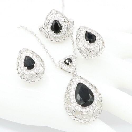 Black Zircon Bridal Sterling Silver Trendy Pendant Necklace Earring and Ring Jewelry Sets for Women Fashion Gift