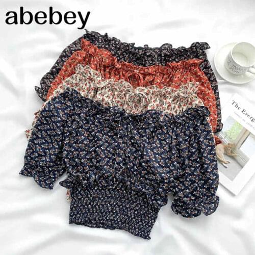 2021 New Summer Fashionable All-match off shoulder Slash neck Blouse print lace up puff Sleeve short Shirt Top