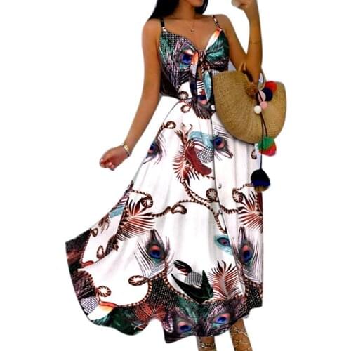 Fashion Women Dress Sexy V Neck Peacock Floral Print Large Hem Chest Knot Sleeveless Sling Long Dress платье летнее женское2021