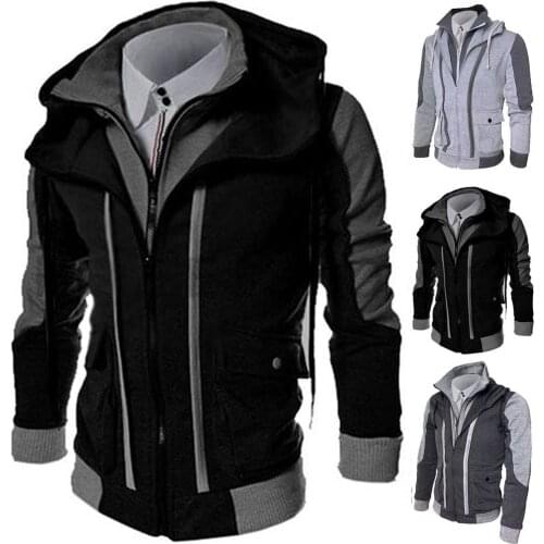 Casual Men Jackets Coats Winter Thin Warm Zipper Hooded Jackets Fake Two Pieces Sports Sweatshirt Mens Clothing dispel cold