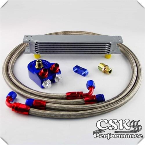 Universal 7 Row 248mm AN8 Engine Transmission Oil Cooler British Type + Aluminum Filter Adapter Kit Black/Blue