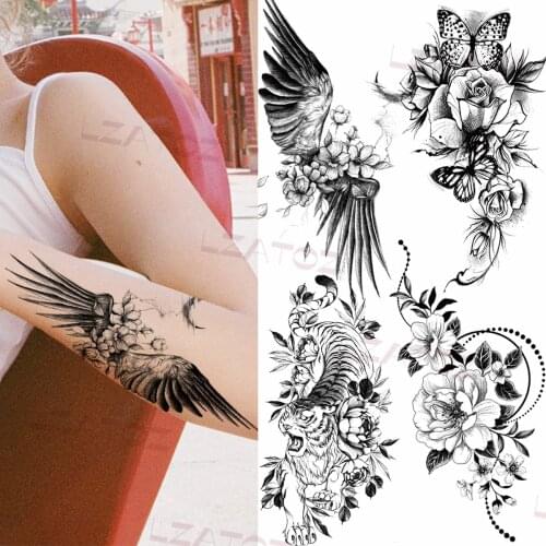 3D Angel Wings Temporary Tattoos For Women Adult Rose Peony Tiger Fake Tattoo Sticker Sexy Realistic Body Art Decoration Tatoos
