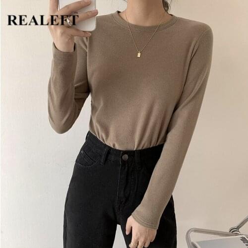 REALEFT Autumn Winter Velvet Womens T-Shirts 2021 New Solid Color Long Sleeve O Neck Warm Casual Shirts Female Knitting Tops