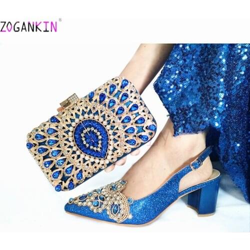 Royal Blue Color Italian Woman High Heels Sandals And Matching Bag Set For Party Hot Sale African Woman Shoes And Bag To Match