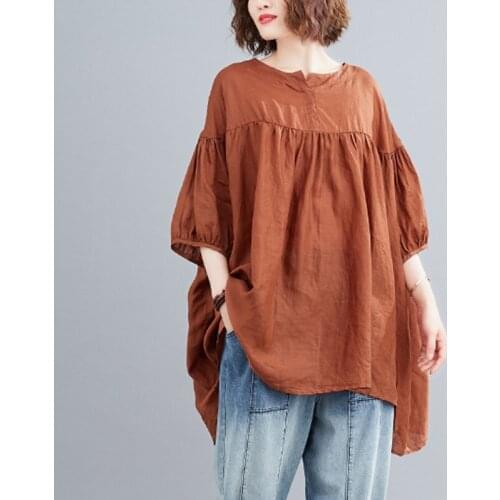 Oversized Women Cotton Linen Casual T-shirts New Arrival 2021 Vintage Style O-neck Solid Color Loose Female Long Tops Tees B333