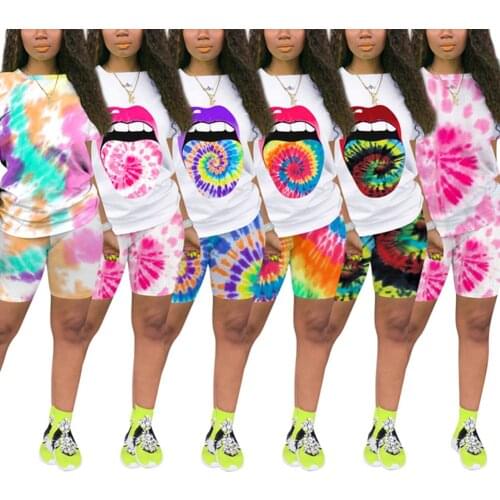 Newest Arrival Women Two-pieces Printed Sports Pants Big Tongue Pattern Short Sleeve Classic Round Neck Summer Trainning Outfits