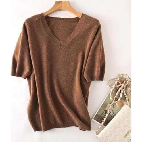 Zocept 2021 Womens Spring New Worsted Pure Wool Knitted Short-Sleeved Sweater Loose-Fitting Casual V-Neck half-Sleeved Pullover