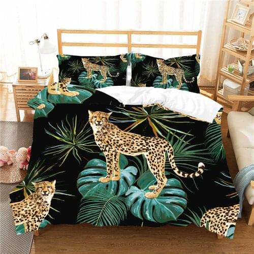 3D Print Tropical Plants Palm Leaves Bedding Sets with Pillowcase Leopard Animals Quilt Cover Adult Room Decor Custom Bedspread