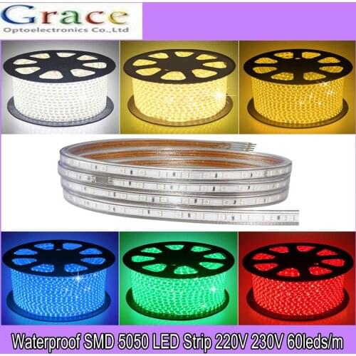 AC 220V led strip light SMD5050 60leds/M IP67 Waterproof Led flexible Tape 1M/2M/3M/4M/5M/10M//20M + Power Plug