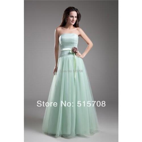 Free Shipping Pleat Strapless Light Green Floor Length Formal Prom Gowns Flower Sash Tulle Bridemaid DressesCustom Make
