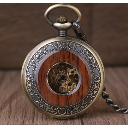 Vintage Bronze Wooden Hand Wind Mechanical Pocket Watch Roman Number Dial Men Women Pendant Chain Watches