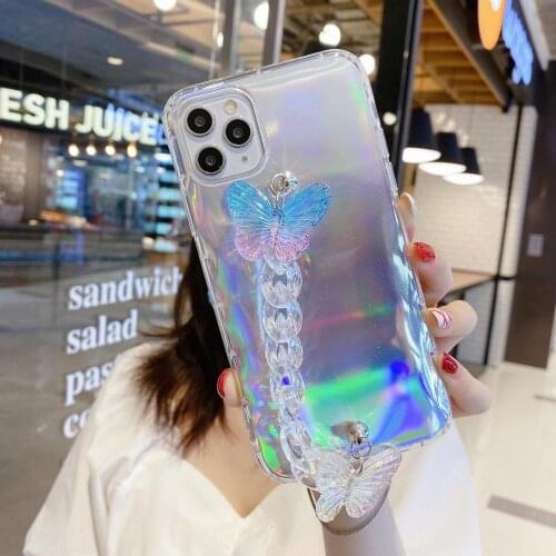 Shining Wrist Strap butterfly Chain Phone Case For iPhone 12 Pro 12mini 11ProMax XR XSMAX 7 8 Plus SE 2020 12ProMax Clear Cases