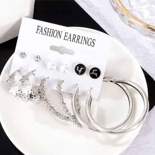 Geometirc Statement Silver Color Hoop Womens Earrings Set For Women Fashion Big Round Earrings 2021 Trendy Accessories Jewelry