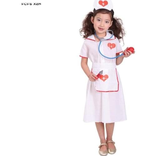 M-XL White Kids Girls Halloween Doctors Costumes Children Nurse role playing game Cosplay Carnival Purim Masquerade Party dress