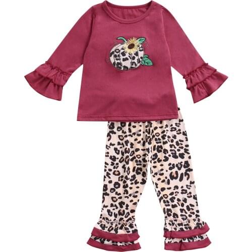 Fashion Kid Girls Autumn Clothes Sets 2pcs Pumpkin Flare Sleeve Pullover T Shirts Tops Leopard Print Bell-Bottoms Outfit