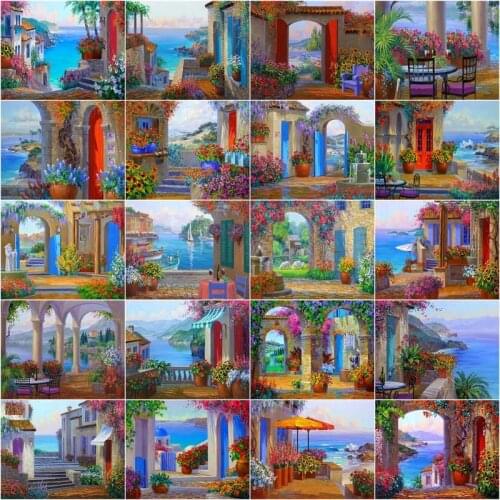 GATYZTORY Pictures By Numbers Seaside Houses HandPainted Kits Drawing Canvas DIY Oil Painting Scenery Home Decor Gift 40x50CM