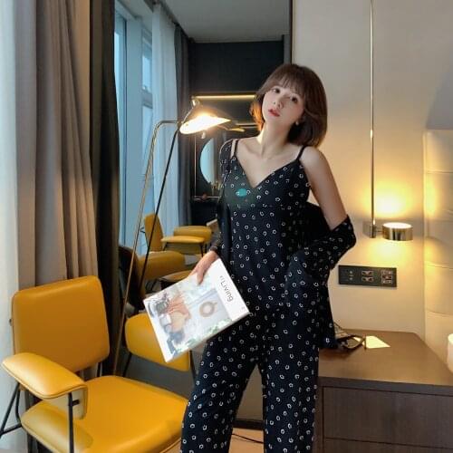 Pajamas Womens New Style Modal Cotton Smiling Face Comfortable Sexy Temperament Sling Long-Sleeved Three-Piece Home Service