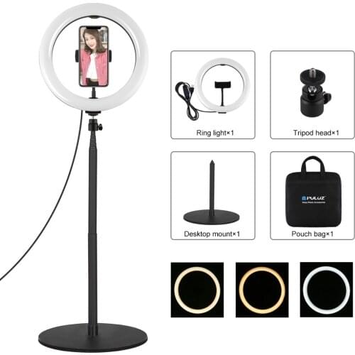 PULUZ 140cm Round Base Desktop Mount + 10.2 inch 26cm LED Ring Vlogging Video Light Kits with Cold Shoe Tripod Ball Head