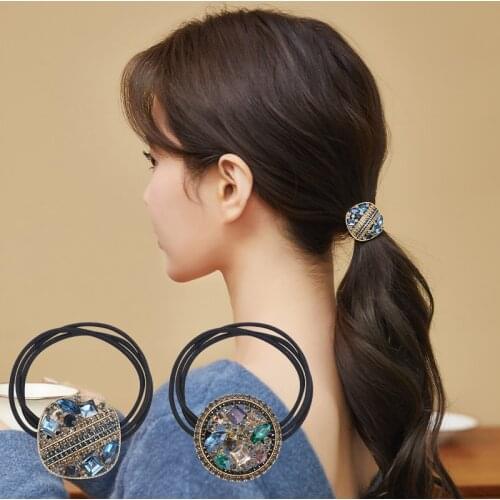 CHIMERA 2pcs-set Hair Elastic Rubber Band Square Round Crystal Hair Rope For Women Girl Ponytail Hair Metal Hair Tie Scrunchies