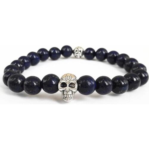 Retail Mens Beaded 2017 New Design Top Quality Lapis Lazuli Beads Skull Bracelets Semi Precious stone Jewerly
