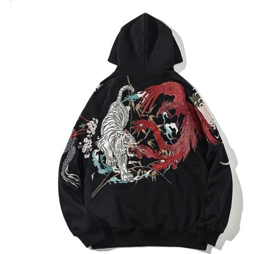 Makuluya 4 Beasts chrysanthemum Black dragon White tiger Phoenix Suzaku Snake turtle Heavy Work Embroidery Hoodies Sakura Men L