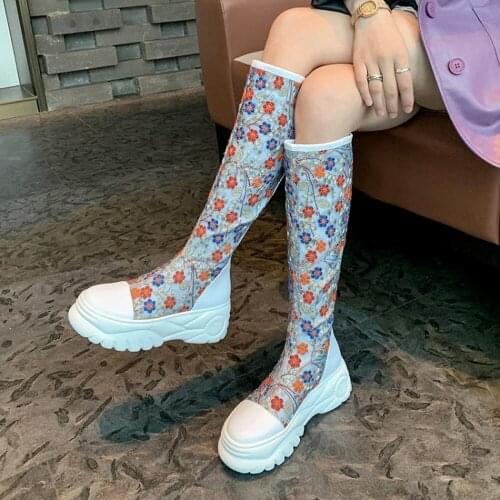 OLOMLB Womens Embroidery Floral Genuine Leather Knee Thigh Boots Wedge High Heel Platform Mesh Warm Winter Fleece Shoes New