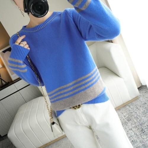 Autumn and winter new style 100% wool knitted round neck short color matching loose large size womens pullover sweater