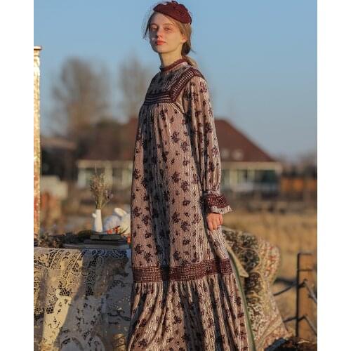 Spring Autumn Winter Dress Women Mori Girls Floral Print Vintage Purple Velvet Dress Embroidery Casual Loose Ruffles Long Dress