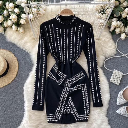 SINGREINY Women Design Beading Dress Korean Fashion Long Sleeve Stand Collar Slim Dresses Autumn Bodycon Streetwear Short Dress