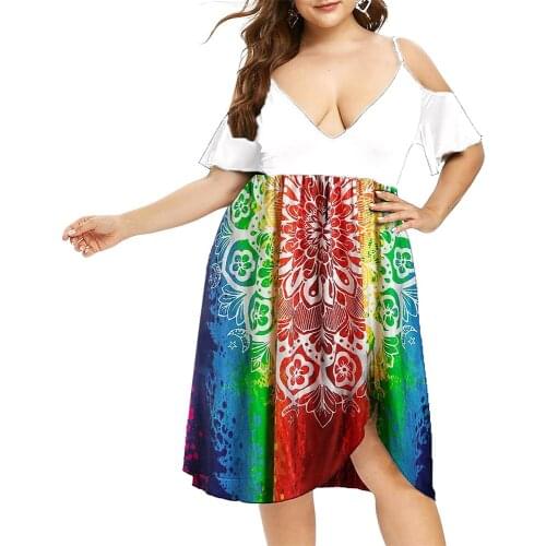 Women Plus Size Boho Dress Strap Cold Shoulder Patchwork Foral Large Size Beach Sundress Irregular Ruffles Deep V neck Dresses