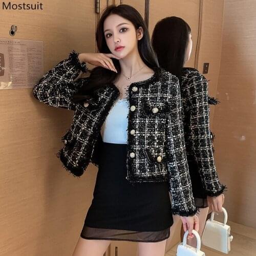 Spring Autumn Vintage Long Sleeve Tweed Coat Women Runway O-neck Single Breasted Short Jackets With Pockets Ladies Jackets 2020