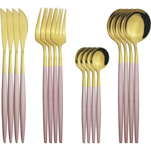 16pcs Stainless Steel Flatware Dinnerware Cutlery Pink Gold Knife Fork TeaSpoon Party Home Kitchen Tableware Set Silverware Set
